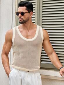 Mainfolk Men's Casual Sleeveless Hollow-Out Tank Top, Suitable For Everyday Wear - Apricot - View 7