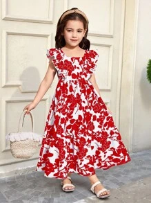 SHEIN 年轻女孩编织碎花方领、荷叶边、蝴蝶结贴花和镂空背部设计连衣裙