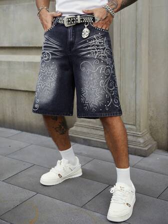 Street Life Sparkling Diamond Embellished Relaxed Fit Men's Denim Shorts