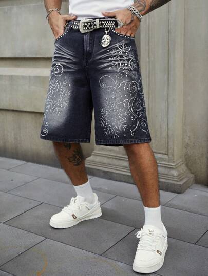 Street Life Sparkling Diamond Embellished Relaxed Fit Men's Denim Shorts