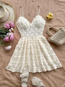 Soleia Váy ngắn chữ A hở lưng, cổ chữ V gợi cảm, vải kết cấu màu trắng lãng mạn dành cho nữ, phù hợp cho tiệc tùng, hẹn hò, trà chiều, kỳ nghỉ, bãi biển, trang phục mùa hè, phong cách Boho, kỳ nghỉ, móc len, vải lanh, có kết cấu - trắng - Xem 3
