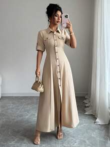 Elenzga Women Elegant Commuter Solid Color Front Button Down Long Dress - Khaki - View 4