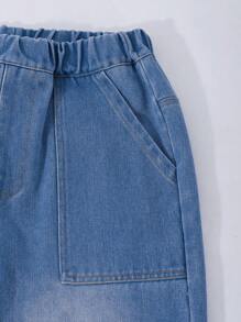 1pc Teen Girl Flare Hem Pocket Design Casual Trousers, Versatile & Cute - Light Wash - View 6