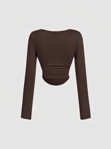 SHEIN MOD 3件套女士褶皱休闲方领长袖T恤套装，保暖衣物，秋季女装，外出上衣，假日女装，S码，棕色上衣 - 棕色 - 查看 6