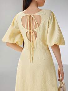 Heiryn Women Solid Color Round Neck Short Puff Sleeve Pleated Elegant Arabian Style Dress - Yellow - View 6
