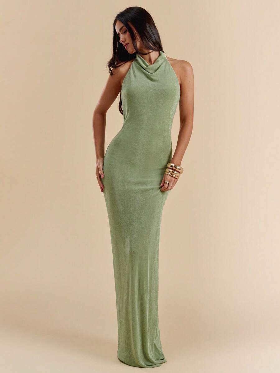 SHEIN BAE Vestido de mujer con cuello con vuelo y espalda descubierta de unicolor, vestido largo elegante ajustado con bajo de sirena en colores verde salvia y pistacho, vestido para vacaciones - Verde - Ver 1