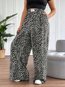 SHEIN Tall CURVE 大码女式豹纹梭织阔腿街头长裤 - 灰色 - 查看 3