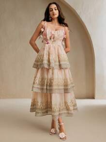 Anewsta Damen A-Linien Kleid im Urlaubsstil mit schmalem Schnitt, 3-lagig, mit Blumen-Trägern, Vielblumenmuster