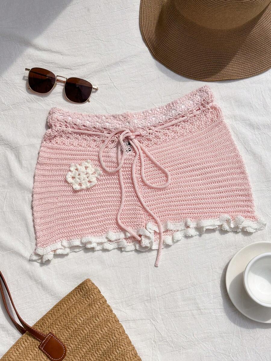 Comfortcana 女士腰带钩针装饰针织短裤 - 淺粉色 - 查看 1