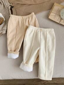 SHEIN LMoss Kids LMoss 2 件装女婴灯芯绒保暖内衬松紧腰裤套装，秋冬款