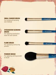 Frida Kahlo X SHEIN 5 件图形雕刻化妆刷套装，包括散粉刷 + 眼影刷 + 大眼影刷 + 细节眼影刷 + 化妆刷收纳袋，刷毛柔软，具有强大的抓粉和放粉能力，适合初学者轻松打造精致妆容，花朵，艺术，优雅 - 藍色 - 查看 3