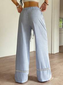 Sunnyshic Quần dài thường ngày cạp chun hở ren kẻ sọc rộng rãi mùa xuân/hè 2025 - Màu xanh lam - Xem 2