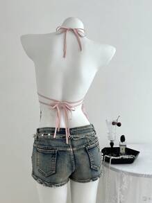 Elamini Sexigt glitterbroderat linne med rygglös halterneck för kvinnor för sommaren - Rosa - Visa 2