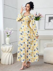 Al Najma 2025 Latest  Arabic Style Versatile Slimming Print Dress, Fashion  Long Dress - Yellow - View 6
