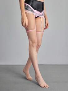 ROMWE Kawaii 1 Paar Damen Spitzen Strümpfe mit Halterung, Oberschenkelhohe Spitzenbesatz Netzstrümpfe, für alle Jahreszeiten