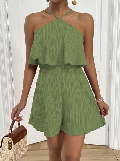 Breezaya 女式皱褶面料挂脖抽绳腰部荷叶边下摆连体衣