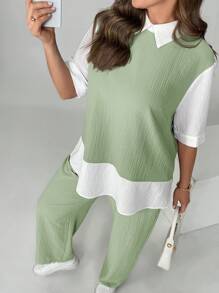 SHEIN Essnce Plus Size Women's Spring And Summer Fashion Casual Loose Comfortable Daily 2 In 1 Short-Sleeved Shirt And Wide-Leg Pants,Two Piece Set Women - Mint Green - View 4