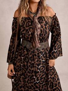 Freevana Vestido casual de talla grande con corte evasé, lazo delantero, volante en el dobladillo y abertura alta, estampado de leopardo, en estilo bohemio para otoño/invierno