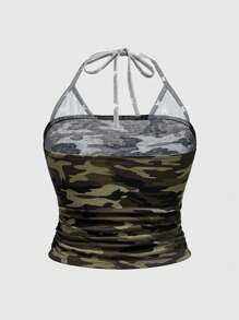 ROMWE J-Fashion Y2K 风格加大码细肩带骷髅水钻哥特式印花吊带背心和背心套装，加大码 - 軍綠色 - 查看 2