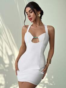 Firerie Vestido mini de mujer con corte en la cintura, escote halter sin mangas, con cuentas, en línea A, blanco, vestimenta casual de playa para vacaciones, elegante para graduación, uso diario, viajes de aeropuerto - Blanco - Ver 10