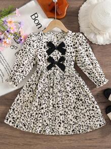 Girls Puff Print Long Sleeve Dress With Shirred Hem, Ribbon Bow Chest Decor, Suitable For Vacation Or Daily Wear In Autumn - Black - View 8