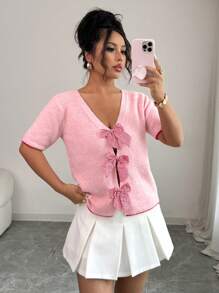 Elenzga 女士优雅通勤休闲双面针织短袖毛衣，搭配可爱蝴蝶结撞色粉色 - 粉色 - 查看 3