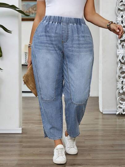 EMERY ROSE Plus Size Women Elastic Waist Pocketed Tapered Casual Jeans