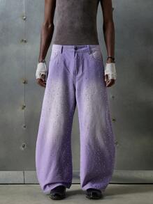 NEON BLANC Men's Streetwear Loose Fit Long Distressed Rhinestone Decor Wide Leg Jeans - Purple - View 2