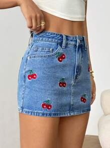 SHEIN Summer Cherry Embroidery Denim Mini Skirt - Light Wash - View 6