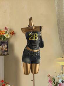 Attitoon 女士时尚数字印花褶饰前系带抹胸短款上衣，夏季返校 Y2k 上衣迷彩上衣 Y2k 女士上衣抹胸 Y2k 哥特风 - 彩色 - 查看 5