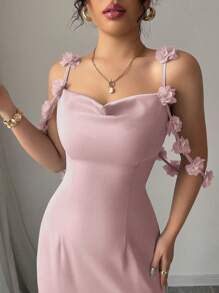 Elenzga Đầm satin trơn màu thanh lịch quyến rũ nhẹ nhàng lãng mạn không tay dây mảnh trang trí eo có hoa đeo vai - Bụi hồng - Xem 3