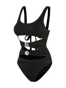 Swim Chiccia Traje de baño de una pieza de unicolor, sexy y casual para vacaciones y fiestas para mujeres - Negro - Ver 7