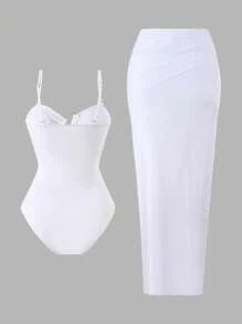 Swim Oasis Women 2025 New Solid Color Strapless Hollow Out Swimsuit With Mesh Maxi Skirt, Beach Resort Summer Casual Set - White - View 2