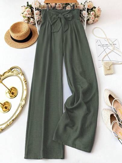 SHEIN Tall Plus Size Women's Casual Wide Leg Pants With Bow Decor, Suitable For Daily Casual Wear / Vacation Fall Cloth For Women