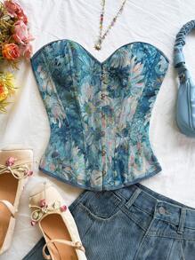 Soleia 女士复古宫廷风格彩色花卉提花抹胸，后背配有纽扣和领带 - 藍色 - 查看 3