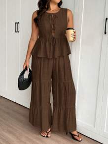 Lounesse Bộ trang phục nữ 2 mảnh thường ngày đa năng xếp lớp viền bèo nhún cỡ lớn, áo cánh nữ + quần dài, thích hợp mặc hàng ngày và đi nghỉ ở bãi biển - màu nâu - Xem 1