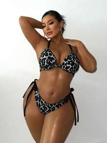 Swim SXY 加大码女式夏季沙滩豹纹露背系带性感比基尼套装
