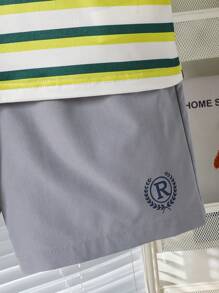 SHEIN Explorewe 青少年男童条纹 Polo 领短袖 T 恤和短裤套装，夏季休闲装 - 彩色 - 查看 5