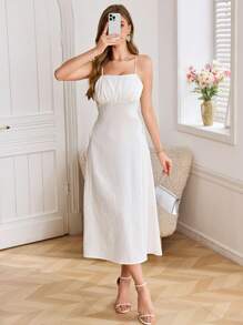 Modelyn Women's Elegant French Style Solid Color Suspender Dress, Summer - White - View 4