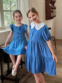 LMoss Kids 年轻女孩梭织纯色圆领荷叶边下摆修身连衣裙 - 藍色 - 查看 4