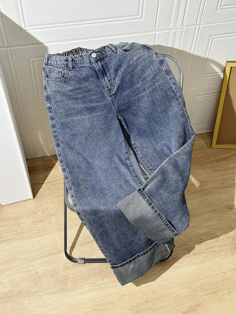 SHEIN Teen Boy Fashion Casual Vintage Y2k Folded Toe Design Blue Washable Comfortable And Loose-Fitting Straight-Leg Jeans For Teen Boy Clothes Boys Soft Dailywear And Teen Boy Summer And Spring Rave Outfits Festival And Beach Outfits Clothes