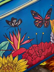 Frida Kahlo X SHEIN 1 pieza Bolsa de cosméticos de piel de PU con estampado floral de artista, de gran capacidad y plana. Bolsa de almacenamiento multifuncional para artículos pequeños, ideal para llevar diariamente, viajes, trabajo, maquillaje o estudio, adecuado para mujeres y estudiantes, artístico y elegante