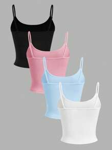 SHEIN EZwear 4 件套女士黑色、粉色、蓝色、白色短款紧身休闲背心，适合夏季 - 彩色 - 查看 3