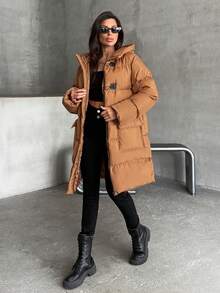 EURMUSE Women's Brown Premium Quality, Faux Leather Detailed Puffer Winter Coat - Brown - View 3