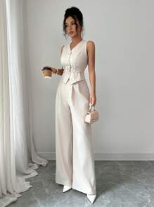 Modelyn 2pcs/Set Women Sleeveless Vest And Skinny Pants Suit - Apricot - View 5