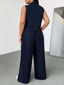 Auralis Plus Size Women's Spring And Summer Fashion Casual Comfortable Basic Daily Black Slim Vest Suit Top And Bare Leg Pants Two Pieces Set, Minimalist Style,Old Money Style,Office Wear,Pants Set,Business Casual Woman,Curve Suit,European Summer,Blazer Set,Teacher Outfits For Women In Fall/Winter - Navy Blue - View 2