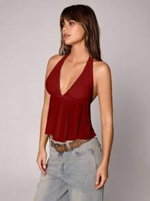 TRNVIE Women's V-Neck Spaghetti Strap Net Mesh Camisole, Apricot Color, Resort Style, Spring/Summer - Burgundy - View 6