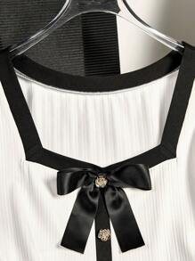 SHEIN Clasi 大码优雅法式方领短袖针织蝴蝶结T恤 - 彩色 - 查看 3