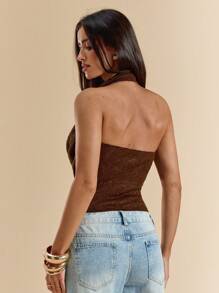 SHEIN BAE 奶油黄色性感网眼垂坠领波西米亚风格衬衫/短款上衣，夏季海滩度假背心' - 棕色 - 查看 2