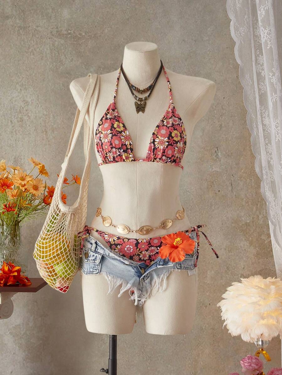 SHEIN Swim 2件套碎花比基尼套装,适合旅行和海滩 - 彩色 - 查看 1
